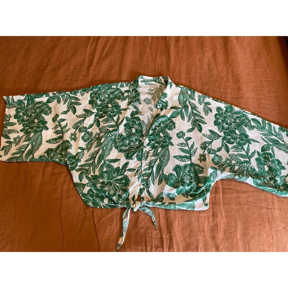 Christian Siriano Top Blouse Linen Large Leaf Button Tie Floral Print s61